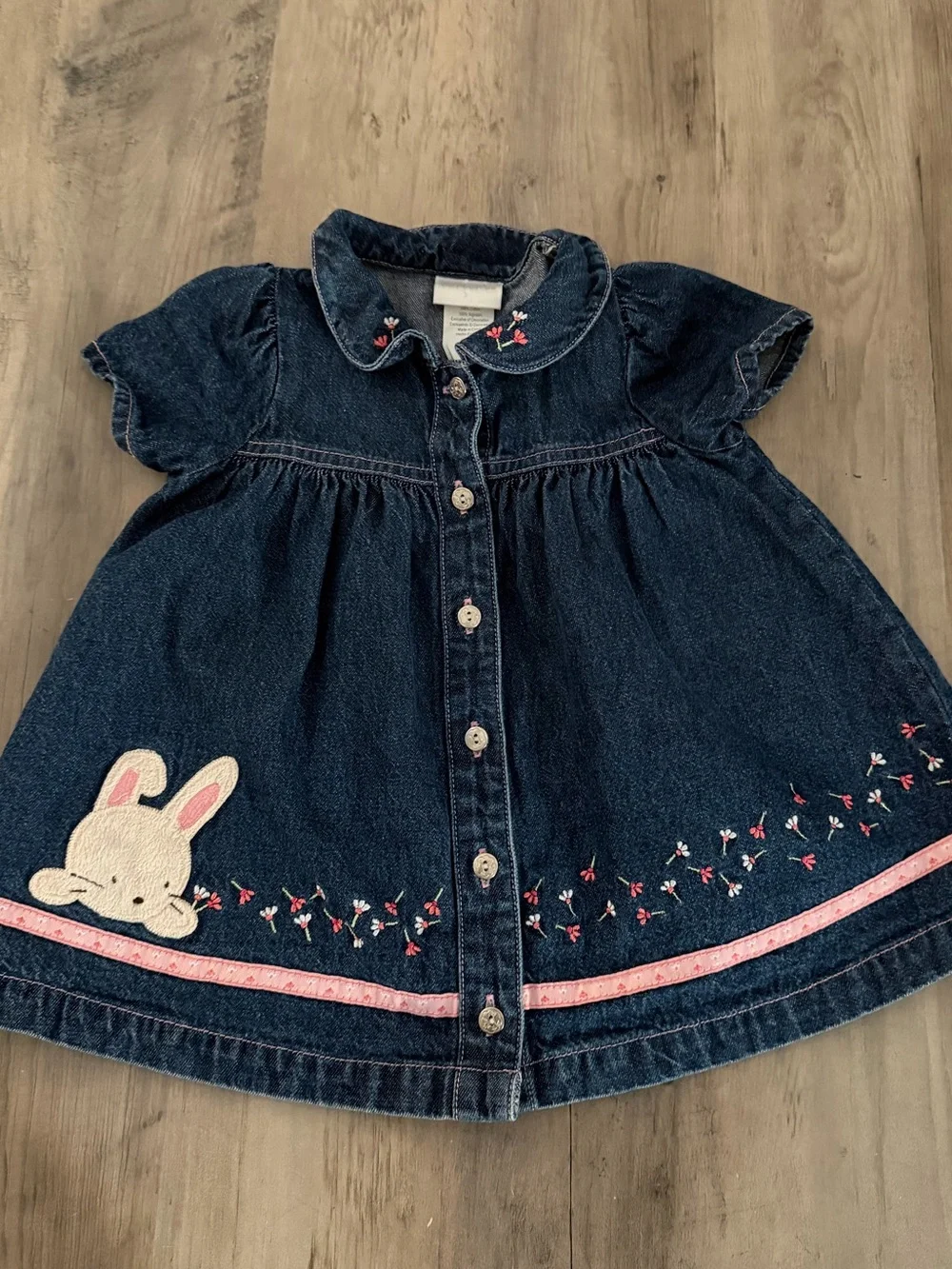 Vintage Carter's Navy Blue Denim Bunny Embroidered Dress Baby 6-9 Months